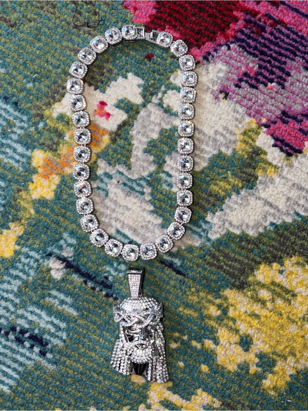 Silver Crystal Tennis Chain Necklace with Jesus Pendant - Clear